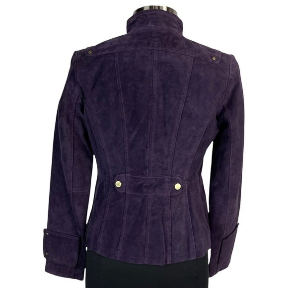 BERNARDO PURPLE SUEDE SNAP BUTTON STAND COLLAR RACING JACKET - Picture 4 of 16